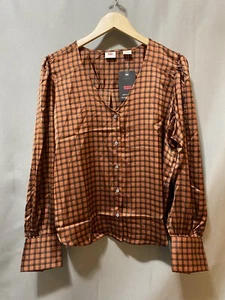 NWT Levi's Women Cuffed Long Sleeve Buttoned Satin Shirt SZ XL Brown/Black Check - Picture 1 of 15