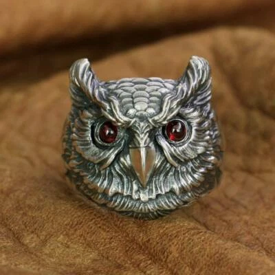 925 Sterling Silver CZ Eyes Owl Ring Mens Biker Punk Ring TA261A US 7 to 15 - Image 1 of 4