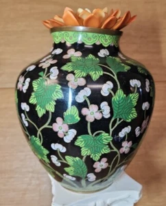 CHINESE CLOISONNE VASE 8" X 7" BLACK w MULTICOLOR FLORAL 1930s - Picture 1 of 12