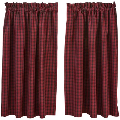 1 pair Black Bear Red Dawn Red Black Plaid Country Unlined Cafe Tiers 72" x 36" - Image 1 of 2