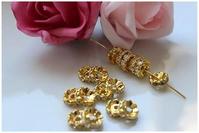 25-50 Pieces Rhinestone Rondelles Gold 10mm Spacer Beads Craft - Image 1 of 3