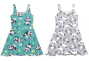 Girls Cute Floral Panda Animal All Over Printed Skater Dress Size 5 -12 - Picture 1 of 4