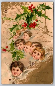 A376 Vintage Postkarte Weihnachten geprägt Grußkarte Engel Cherubs grünes Blatt - Bild 1 von 2
