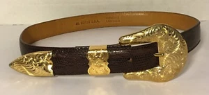 VTG Al Beres Women's Western Leather Belt German Silver Gold Plated Buckle Sz 28 - Picture 1 of 9
