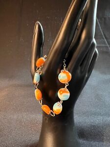 Unusual Handmade Silver Tone Coral, Turquoise, White Marbled Stone Bracelet