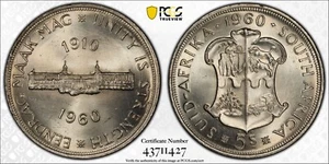 Sudáfrica 1960 5 chelines de plata, 50 aniversario, graduación profesional MS-66 ¡Alto grado! - Imagen 1 de 11