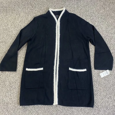 Cárdigan largo abierto suéter para mujer Alfani grande negro ribete de pestañas manga larga Foto 1 de 4