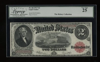 DBR 1917 $2 Legal Tender Note Fr. 60 Legacy 25 Serial D65924882A - Image 1 of 2