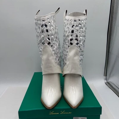 Lauren Lorraine Hana White Crystal Embellished Pointed Toe Western Boots Size 6 - Image 1 of 4