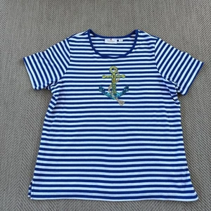 QUACKER FACTORY Women’s Medium Med Blue Gold Anchor Sweater Top - Picture 1 of 5
