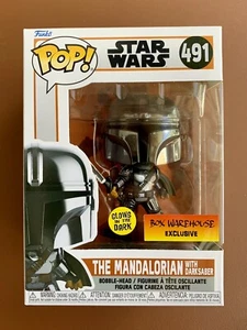 Funko Pop! The Mandalorian With Darksaber 491 (GITD) Box Warehouse Exclusive - Picture 1 of 6