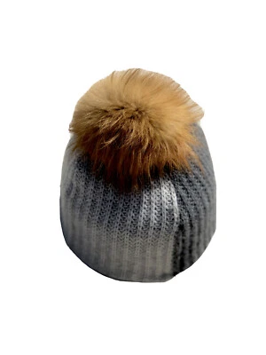 Women Beanie Hat Hand Made 100% Cashmere Grey color Fur PomPom Warm - Image 1 of 3