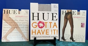 3 Pair HUE Sheers nylons Black FISHNET, Natural SO SILKY, Natural SO SEXY Size 2 - Picture 1 of 12