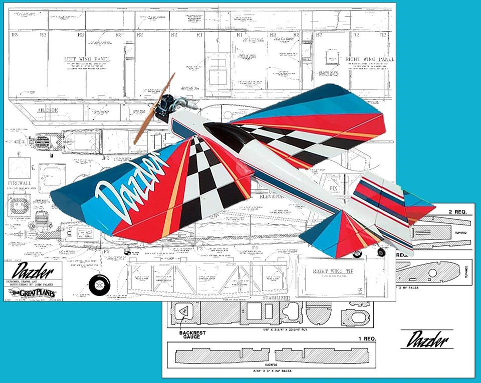 Great Planes Model Airplane Plans (RC):  DAZZLER 48" Wingspan for .32-.40 Engine - Image 1 of 4