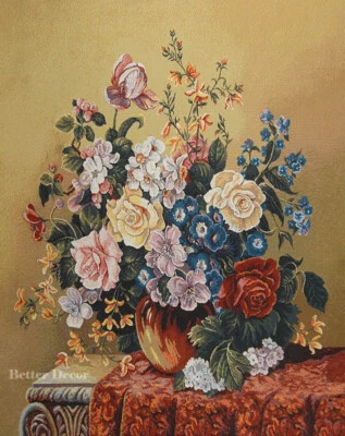 31.5" JACQ. WOVEN TAPESTRY Rose Bouquet on Red Drapery EUROPEAN FLORAL PICTURE - Image 1 of 2