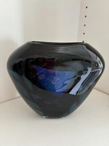 Swedish Art Glass Dark Blue Black Signed Vase - Picture 1 of 8