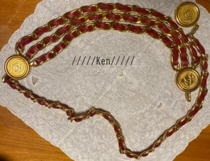 CHANEL BELT AUTH Coco chain CC Gold GP Leather Red Coin Medal Logo 81cm Necklace - Picture 1 of 13