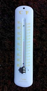 Altes weiß emailliertes Thermometer 25 cm gewölbt gelb bedruckt Echtemaille 800°C - Bild 1 von 1