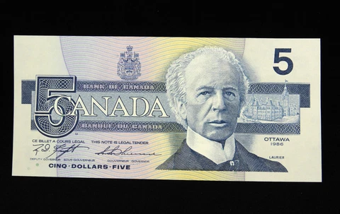 1986 $5 Bank of Canada Banknote Bill ANN 90887 __ Knight Thiessen UNC Grade Cover