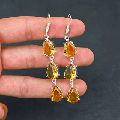 Yellow Citrine Gemstone Dangle Earring 925 Sterling Silver Handmade Jewelry Gift - Image 1 of 4