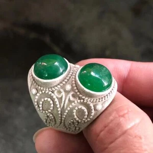 Vintage Jade Ring with Tibetan Silver Inlaid Men's Expandable Jade Ring - Picture 1 of 2