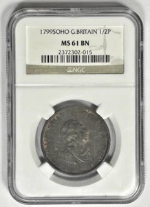 GREAT BRITAIN: 1799 Soho 1/2 Penny NGC MS61 BN - Super Rare! - Picture 1 of 4