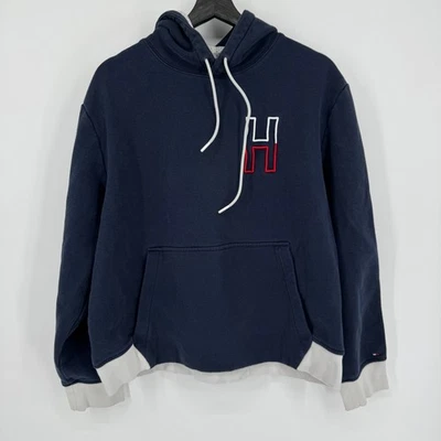 Tommy Hilfiger 海军蓝刺绣标志 连帽衫 抓绒内衬 色块 Y2K — 第 1/4 张图片