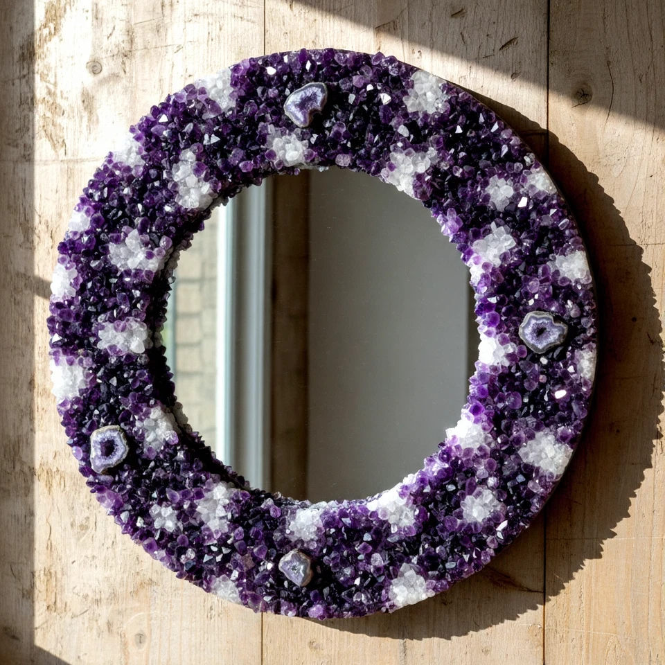 Amethyst Crystal Quartz Round Wall Mirror | Modern Boho Chic Mirror For Home Art - Image 1 of 4