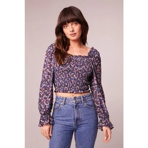 Band Of The Free Floral Smocked Crop Top S Ruffle Puff Sleeve Square Neck Boho - Picture 1 of 10