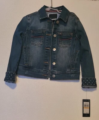 Jaqueta jeans Tommy Hilfiger azul escuro com botões, meninas jovens tamanho pequeno - Imagem 1 de 2