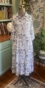 Calypso St. Barth Hemdblusenkleid Leinen Knopfleiste 3/4 Arm Maxi blau weiß - Bild 1 von 15