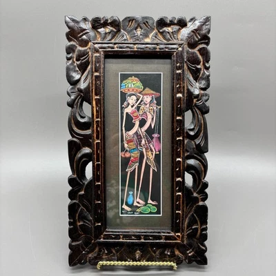 Balinese Ubud Painting Women With Offerings Signed Opi Carved Wood Frame Vintage - Image 1 of 4