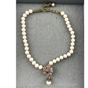 Heidi Daus Early Blooms Pearl Crystal Necklace and Clip on Earrings Pink - Picture 1 of 11