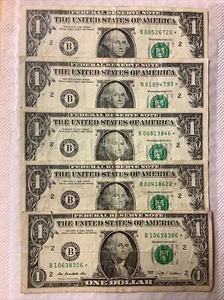 (Lote de 5) Billetes de un dólar "B" District Star ☆ Sello de Nueva York ☆ DC - Imagen 1 de 3