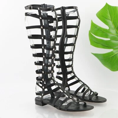 Stuart Weitzman Womens Gladiator Sandal Size 6.5 Tall Black Leather Strappy Shoe - Image 1 of 4