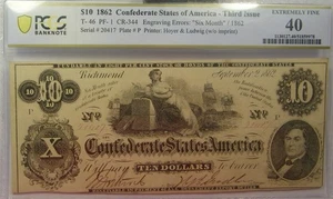 T-46 1862 $10 Confederate Paper Money - PCGS Extremely Fine 40 - Picture 1 of 2