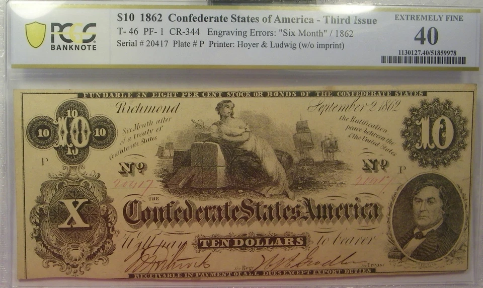 T-46 1862 $10 Confederate Paper Money - PCGS Extremely Fine 40 - Image 1 of 2
