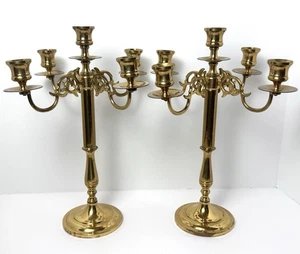 Vintage 4 Arm Brass Candelabra 5 Candle Hole Heavy 14” Pair 2 Scroll Nice Patina - Picture 1 of 18
