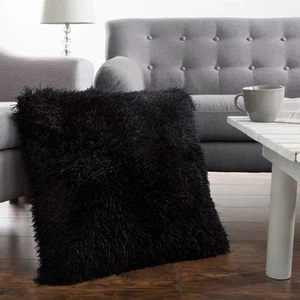 Oversized Floor or Throw Pillow Square Luxury Plush Shag Faux Fur Glam, Black - Picture 1 of 4