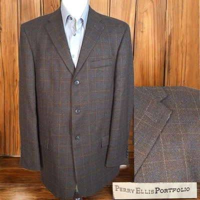 Perry Ellis Sport Coat Jacket Mens 44L Brown Windowpane 3 Button Wool Alpaca - Image 1 of 4