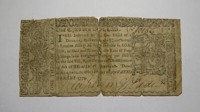 1774 $1/3 Maryland MD Colonial Currency Bank Note Bill! RARE ISSUE!  - Image 1 of 2