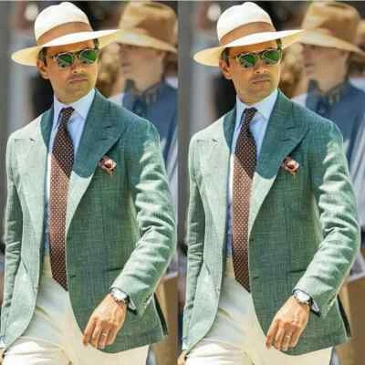 Chaqueta Blazer de Lino Verde para Hombres Informal Negocios Pico Solapa Boda Verano Novio Foto 1 de 4