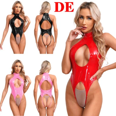 DE Damen Sexy Wetlook Bodys Einteiler Lackleder Stringbody Dessous Nachtwäsche - Bild 1 von 4