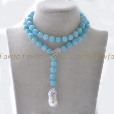 Collar colgante de perlas barrocas Keshi blancas gemas redondas aguamarina azul 8/10/12 mm Foto 1 de 3