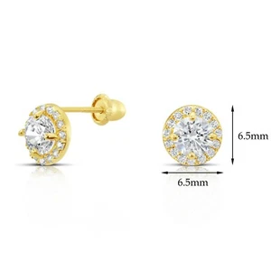 10K Real Solid Yellow Gold Round Halo CZ Sleeper Studs Earrings Screw-back - Picture 1 of 4