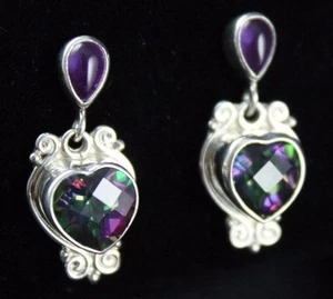 Sajen Mystic Topaz Amethyst  Heart Dangle Post Earrings Sterling Silver .925 - Picture 1 of 7