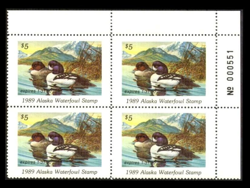 AK5 ALASKA State Duck $5 GOLDENEYES 1989 Waterfowl PLATE BLOCK MNH PHOTOS BK-406 - Image 1 of 1