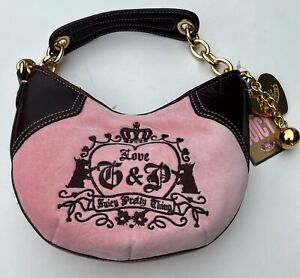 Juicy Couture pink velour mini shoulder bag with brown leather & gold tone trims