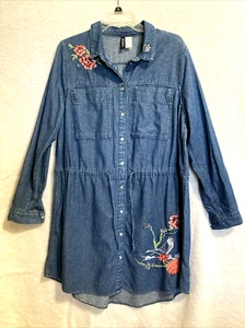 Western Cowgirl Denim Dress Womens size 14 Embroidered Floral Bird H&M Divided - Picture 1 of 10