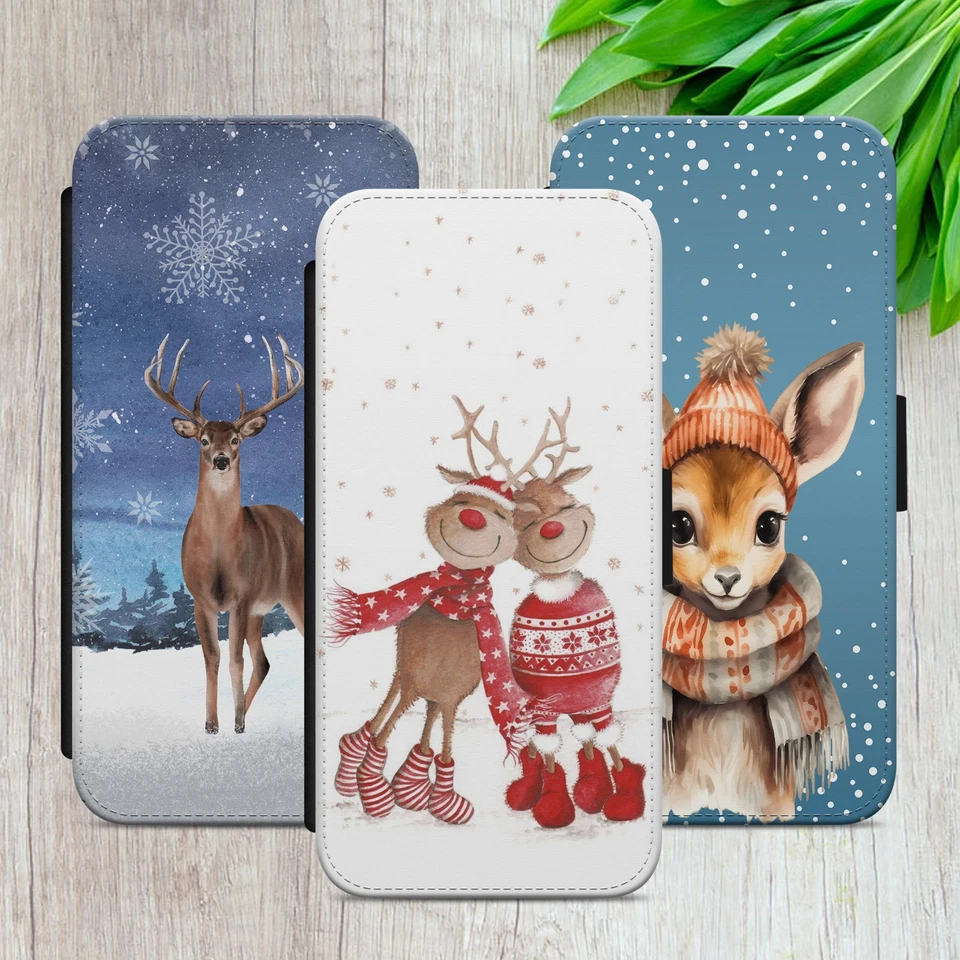 REINDEER FLIP CASE FOR IPHONE SAMSUNG GOOGLE WINTER SNOW GIFT WALLET PHONE COVER - Image 1 of 4